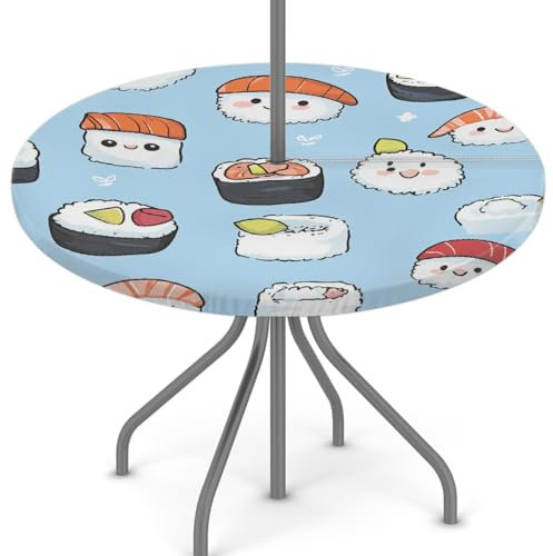 Woltant Tovaglia rotonda con foro per ombrellone e cerniera, facile da pulire, con bordi elastici, protezione per tavolo da giardino, patio, barbecue (grazioso motivo sushi)