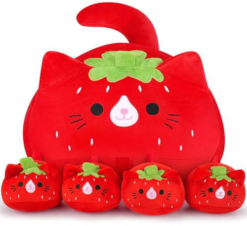 Auspicious beginning Stuffed Cat Strawberry Cat Large Plush Toys Stuffed Animals Mommy with Baby, Mommy Plush Set with Baby Plushies Cuddly Toy Hugging Pillow 5PCS Soft Animal Plushie Kitties