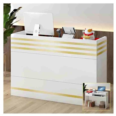 HOFUNTRE Modern Reception Desk，Front Office Desk，Office Reception Counter，Welcome Reception Unit，Larger Desktop, Comfortable To Use, Simple And Beautiful, Widely Used(White gold bar,100CM/39.4in)