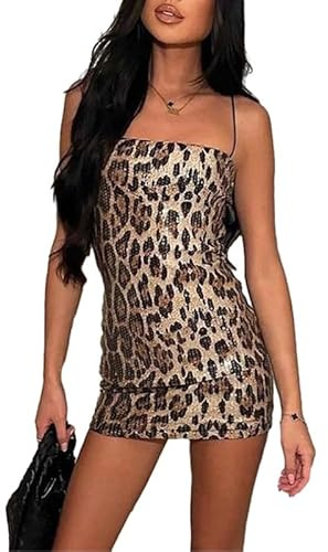 fdsmall Women's Glitter Sequin Leopard Mini Dress Sexy Sleeveless Spaghetti Strap Bodycon Short Dress Slim Fit Glitter Evening Party Clubwear (UK, Alpha, M, Regular, Regular, 01 Brown)