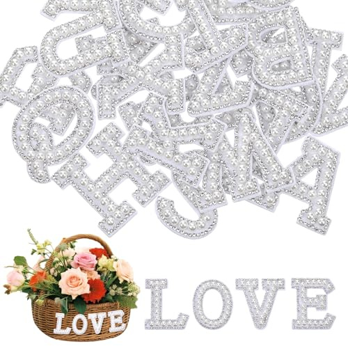 Hpmjz 26Pcs Pearl Rhinestone Letter Patches Self-Adhesive A-Z Glitter Alphabet Patches Cute Stick on Alphabet Repair Embroidered Sew on Appliques for Clothes Fabric Backpack Hats Shoes(White)