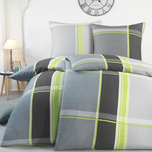 BaSaTex Seersucker Bettwäsche Set, 4-TLG., 135x200 cm, Karo Grün | Seersucker Mikrofaser, Öko_Tex Zertifiziert, Bettgarnitur mit Struktur, Reißverschluss