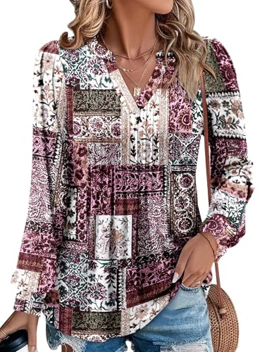CHICZONE Women's Tunic Tops Puff Sleeve V Neck Pleated Blouses Casual Dressy Loose T-Shirts