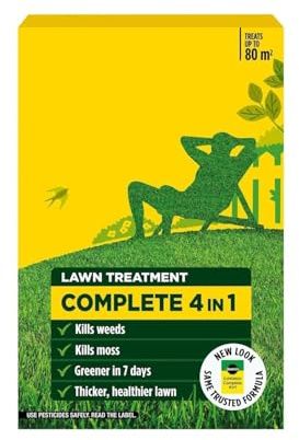 HOCHSTE® Evergreen Complete 4 in 1 Lawn Treatment 80m² Granules for Thicker, Greener Grass Feeds, Kills Weeds & Moss – Spreader Needed Garden Box Pack Yellow (2.8kg)