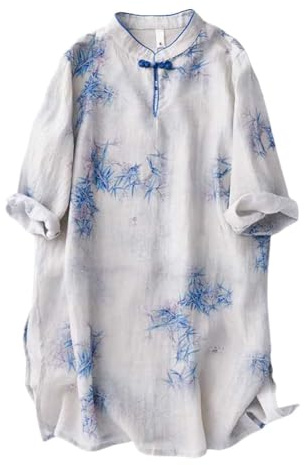 Artistical Cotton Mid-Length Hanfu Shirt for Women, Side Slit Loose Tang Suit Top Kung-fu Tai-chi Blouse, L, White