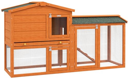 PawHut Clapier Cage à Lapins rongeurs 2 Niveaux avec 3 Portes sécurisées et tiroir à déjection, Cage à rongeurs en Bois de Sapin Massif 150L x 45l x 85H cm
