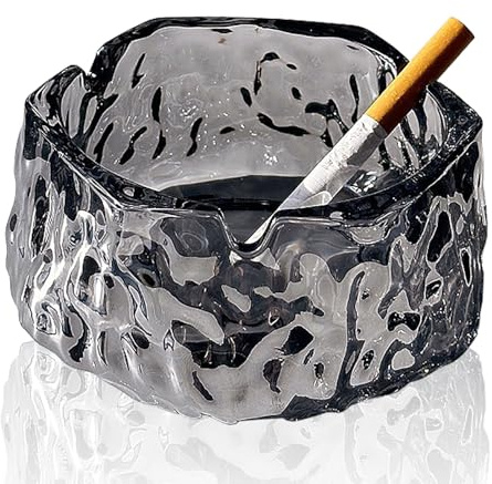 FENGZIZH Medium Glass Ashtray, Outdoor Ashtray with 3 Grooves – Heavy Duty Indoor/Outdoor Use, Stylish Ash Tray for Garden, Pub & Home - Easy to Clean (Grey)