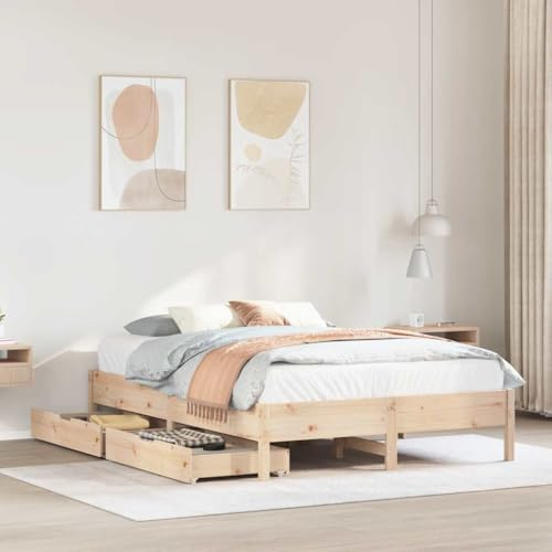 Runheo Massivholzbett Kiefernholz 120x200 cm, unbehandeltes Bettgestell mit Lattenrost, 2 Schubladen auf Rollen, Robustes Schlafzimmermöbel für Erwachsene und Kinder