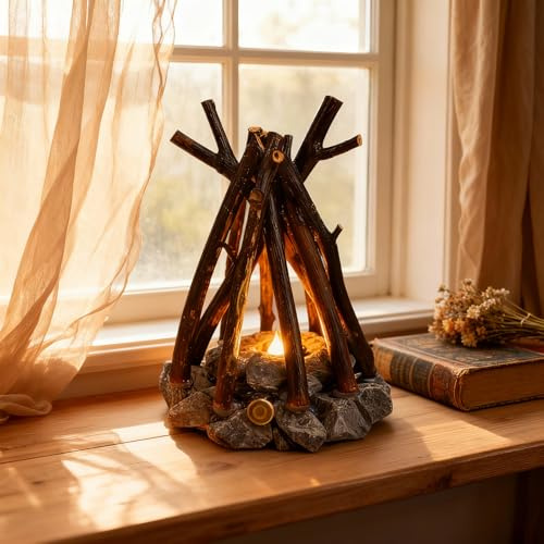 Wooden Campfire Night Light, Fake Fire Lamp with 3 Lighting Modes & Flame Sound, USB Powered LED Fake Flame Lamp for Kids Adults, Indoor Outdoor Fireplace Decor, Spring/Birthday/Easter Party Gift