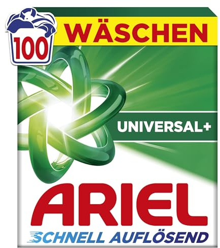 Ariel's schnell auflösendes Vollwaschmittel Pulver Universal+, 100, 100 Wäschen, Universal+, Fleck-weg-Power in 1 Wäsche, Sofortige Wirkung, selbst in kaltem Wasser