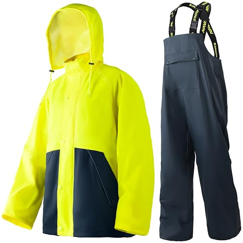 Navis Marine Herren Regenanzug Wasserdicht Robust PU Kapuze Latzhose | abnehmbare & versteckte Kapuze, Heavy-Duty Schutz für Arbeit, Bau, Angeln & Outdoor