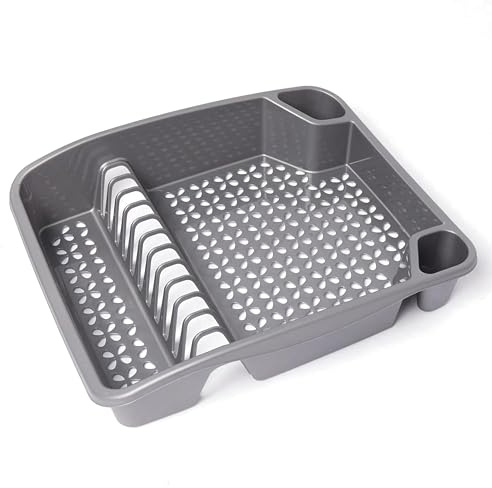 Ploutos World Wide Plastic Dish Drainer Multicolour Kitchen Sink Drainer Cutlery, Plate and Cup Drying Rack Durable Sink Drip Tray Organizer Countertop Drainers Holder (Grey)