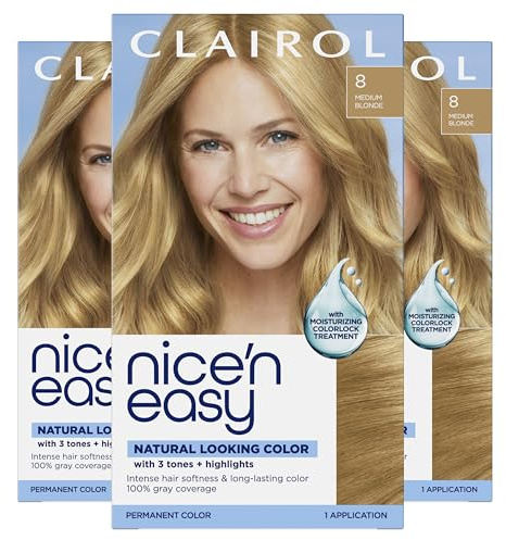 Clairol Nice'n Easy Permanent Hair Dye, 8 Medium Blonde Hair Color, Pack of 3 - Packaging May Vary