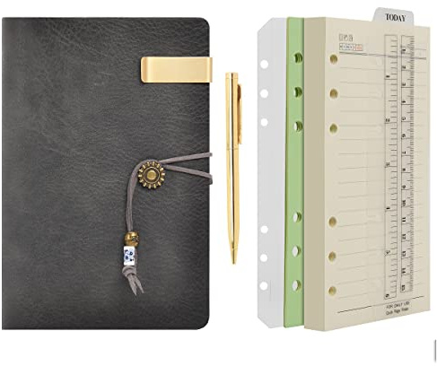 Wonderpool Carpeta de anillas de cuero para diario, cuaderno de papel recargable con forro de escritura, 6 anillos con blocs de notas para viajes de oficina y agenda de planes (a-Gris, A6)