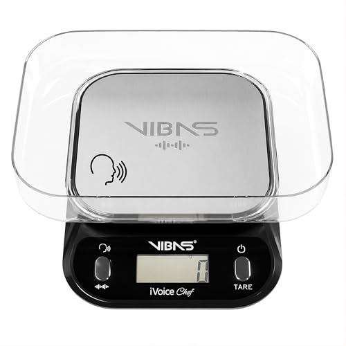 Bilancia da Cucina Parlante VIBAS iVoice Chef con Ciotola, per Non Vedenti e Anziani, 5 Lingue, Ausili Sonori, Ripetizione Peso, Volume Regolabile, Portata 10 kg/22lb, Batterie Incluse
