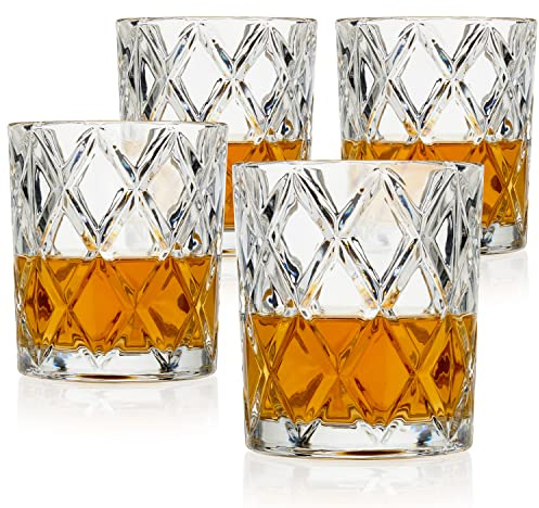 True Diamond Crystal Scotch Bourbon Whiskey Glasses, Old Fashioned Glasses Drinking Set, Whiskey Tumblers, Premium Bar Glassware Set of 4, 11 oz