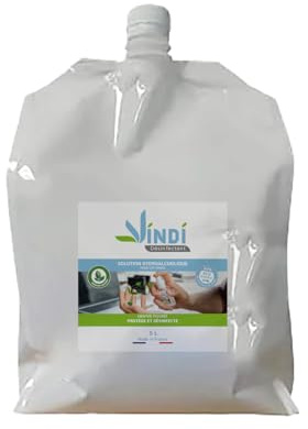 Vindi Désinfectant solution hydroalcoolique menthe poivrée - Bidon-écorecharge de 5L -Fabrication Française -76% d'alcool - Désinfection des mains et des surfaces - Virucide