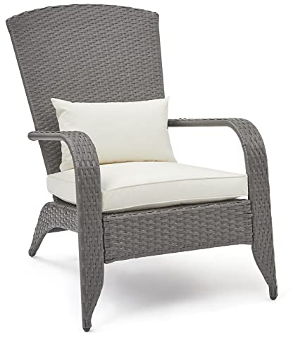 Mondeer Gartenstuhl Adirondack PE Rattan, Comfort Gartensessel mit Sitzkissen und Kissen, Gartenstuhl mit extrabreiten Armlehnen für Garten Terrasse Balkon, Grau und Weiß