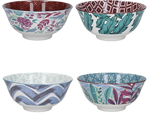 KitchenCraft Glasierte Steinzeugschüssel 4er-Set, Exotisch, 15,5 x 7,5 cm, Geschenkkarton,Blau,Grün,Rosa
