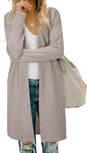 OUGES Women's Long Cardigan for Women UK Lightweight Long Sleeve Ladies Open Front Casual Coat with Pockets