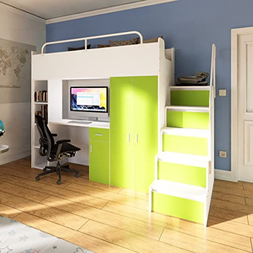 Marlux-Meble Hochbett Kinderbett JSM-4 80x190 mit Kleiderschrank Schreibtisch und Treppe Matt Kinderbetten Funktionsbett Etagenbett Stockbett Kinderhochbett Jugendhochbett (Limette Matt)