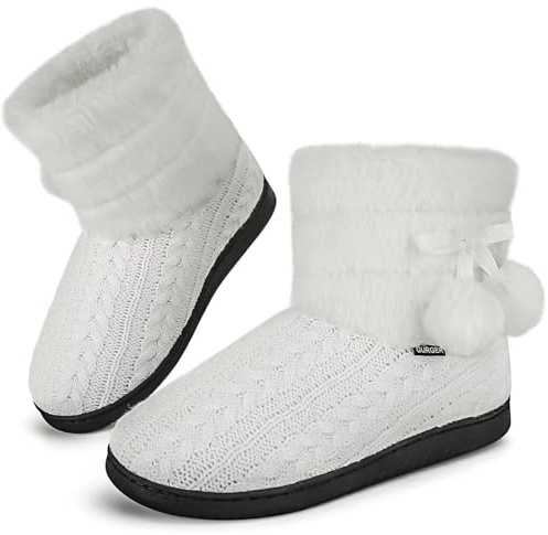 GURGER Botas de Estar por Casa Mujer Invierno Pantuflas de Casa Altas Felpa Calentitas Cómodas Forro Botines Zapatillas Blanco Talla 36 37