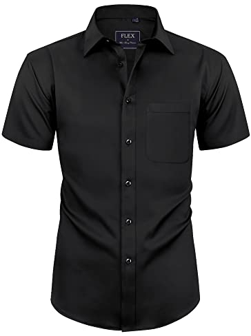 siliteelon Mens Black Shirts Short Sleeve Stretch Dress Regular Fit Casual Business Summer Shirt with Pocket M