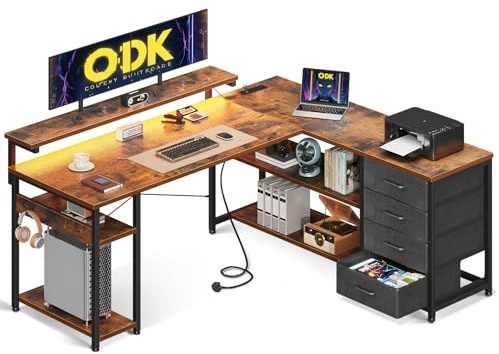 ODK L Shaped Corner Desk with Drawers, Power Outlet & LED Lights, 135×110cm | Gaming Computer Desk with Storage, Socket, Monitor Shelf, Reversible Design for Home Office Workstation, Study, Brown