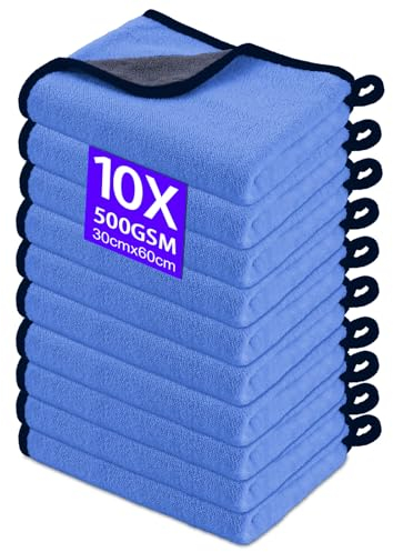 Gucass 10 PCS Chiffon Microfibre Voiture, 30x60cm Chiffons de Polissage en Microfibre, 500GSM Super Absorbant Chiffon de Nettoyage en Microfibres, pour Voitures et Motos, Nettoyage Domestique, Bleu