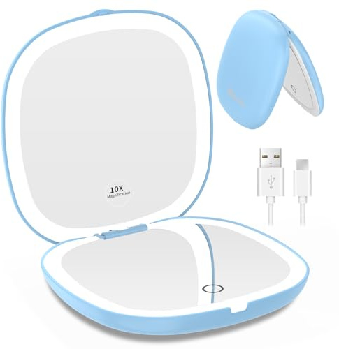 WOBSION Miroir de voyage avec lumière pour le maquillage, Miroir compact grossissant 1x/10x pour sac à main, Miroirs de poche rechargeables de 10 cm, Miroirs LED à deux faces à intensité variable