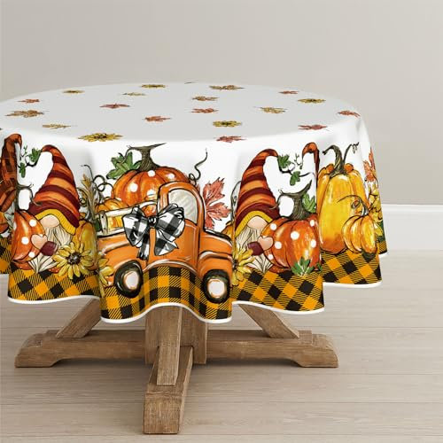Horaldaily Herbst Tischwäsche 150x150 cm Rund, Erntedankfest Herbsternte Orange Kürbis LKW Zwerge Plaid Tischdecke für Party Picknick Abendessen Dekor