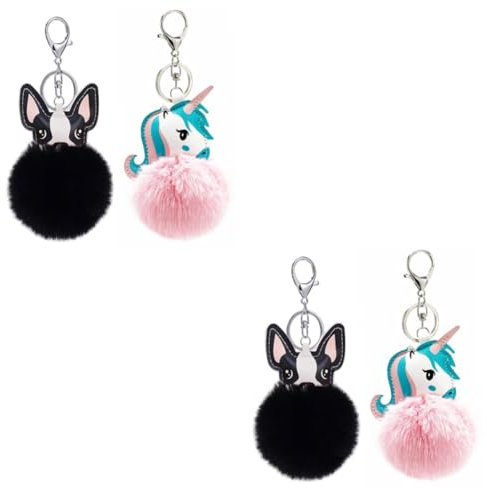 VALICLUD 4stücke Pom Pom Schlüsselanhänger Flauschige Haarschmuck Ball Dekoration Für Handtaschen Rucksäcke Autoschlüssel Schwarzer Hund Pinker Einhorn