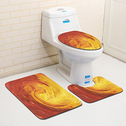Bad Teppiche Set 3-Teiliges Orange Gelb Abstract WC Vorleger Mit Ausschnitt Badematte Saugfähig WC Deckelbezug Badvorleger rutschfest Waschbar Toilettensitzbezug Badgarnitur (50x80cm)