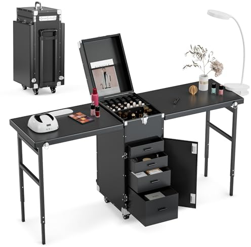 Icoget Table à ongles portable, table de manucure pliable à roulettes avec roues, mallette de maquillage pour nail tech, 2 mallettes cosmétiques de plan de travail à roulettes, noir