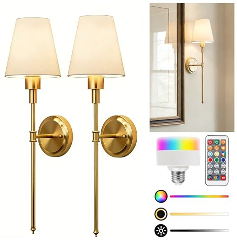 LOHAS-LED Battery Operated Wall Sconces Set of 2, Rechargeable Wall Lights Remote and Dimmable, Sconce Wall Decor Set of 2, Easy Installation, Wireless Wall Lights for Living Room Bedroom, Gold