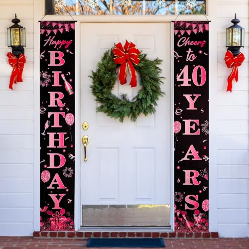 Bannière de porte « Happy 40th Birthday » – Décorations de fête de 40e anniversaire – Bannière à suspendre pour femme et homme de 40 ans, jardin intérieur et extérieur – Noir et rose