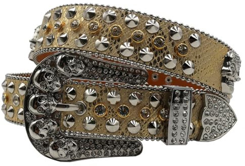 AGUTALITHIC Westerngürtel Nietengürtel Für Herren Und Damen, Strass-Gürtel, Glitzernde Kristalle, Totenköpfe, Prägung Ledergürtel Für Hosen Und Jeans(115cm/45, Gold)
