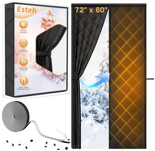 Magnetic Thermal Insulated Door Curtain for Winter Fits Door Size 72 x 80, Temporary Thermal Door Cover for Cold with Thickened Cotton, Window Insulation Kit for Sliding Glass Doorways-Black