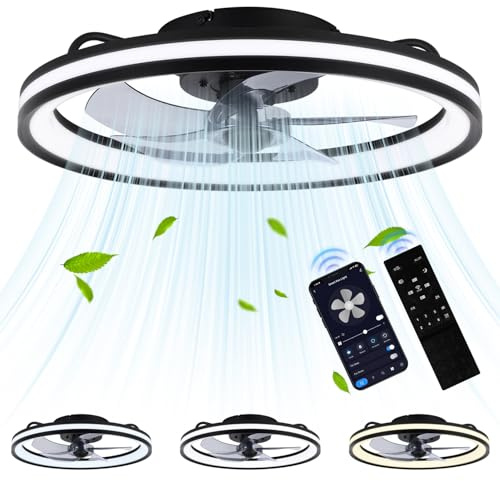 Fiqops takfläkt med belysning och fjärrkontroll Ø50 cm, LED-taklampa 3 färgtemperaturer och 6 hastigheter, timer sommar-vinterdrift För vardagsrum sovrum, svart
