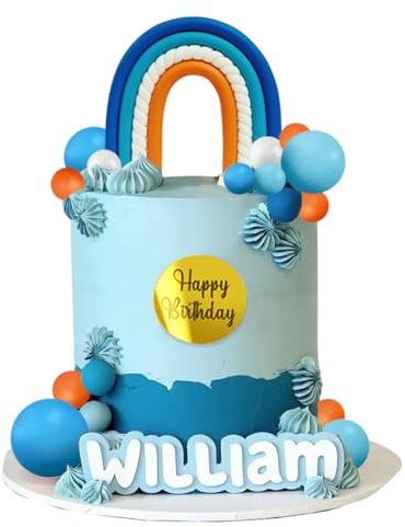 Rainbow Cake Topper with Orange Ball - Perfect for Blue Birthday Themed Parties