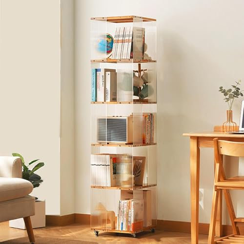HanDpi Drehbares Bücherregal, drehbarer Bücherturm aus Acryl, 5/6-stufiges 360°-Aufbewahrungsregal mit Rädern, schmales Eck-Bücherregal-Organizer, für kleine Räume (Holzfarbe, 5 Ebenen 13,7 x 13,7