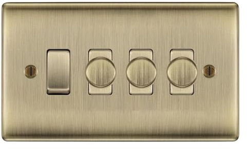 BG Antique Brass 4 Gang Switch 3x Trailing Edge LED Dimmer 1x 2 Way Custom Grid Switch