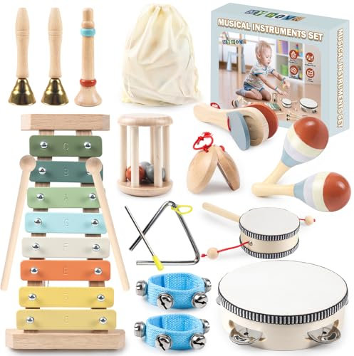 11 in 1 Toddler Musical Instruments Set, Neutral Colours Montessori Wooden Musical Instruments for Toddlers, Percussion-Instrumente für 1-3 Jährige Kinder, Kinderspielzeug Geschenke für Kleinkinder