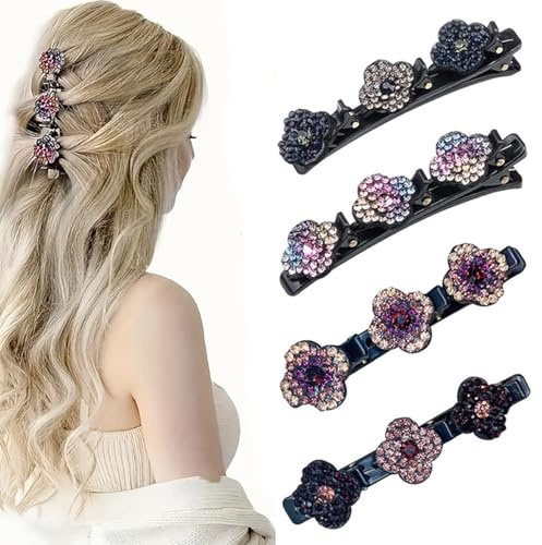 2025 Neue glitzernde Kristallstein-geflochtene Haarspangen, Kolibri-Strass-Haarspange mit Kristallblume, geflochten mit 3 Mini-Clips, Mini-Haarspangen für Frauen und Mädchen (4 Stück)