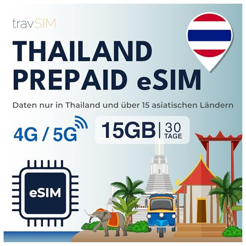 eSIM Thailand travSIM | 15GB Mobile Daten | Funktioniert auf iOS- und Android-Geräten | Der Plan auf Dieser eSIM für Thailand ist 30 Tage lang gültig