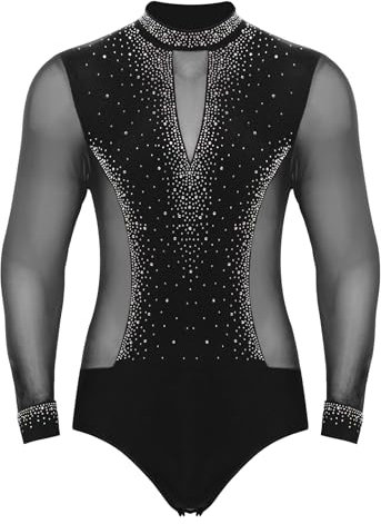 Yruioon Herren Turnanzug Langarm Glitzer Gymnastikanzug Strass Glänzend Eiskunstlauf Body Overall Latein Jazz Wettbewerb Tanzkostüm Schwarz M