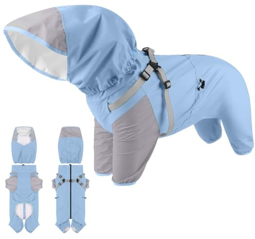 Duuclume Hunde-Regenmantel, wasserdichte Hundejacke mit abnehmbarer Kapuze und elastischen, verstellbaren Schnallen, leichte und lebendige 4-Beine-Haustier-Regenjacke mit atmungsaktivem Netz und Loch