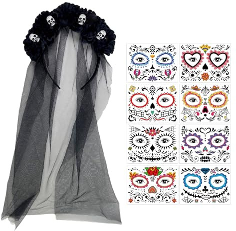 Tag der Toten Haarreif Halloween, Dia De Los Muertos Haarreif Schleier, Tag der Toten Haarschmuck, mit 8 Blätter Halloween Tattoo Gesicht, Tag der Toten Temporäre Tattoo, für Halloween Cosplay Party