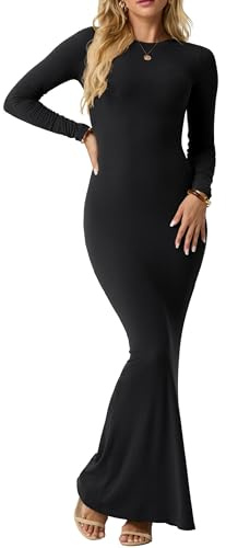 IWOLLENCE Vestidos Bodycon para Mujeres UK Vestido Maxi de Manga Larga Señoras Elegante Vestido Maxi Bodycon Acanalado de Cuello Redondo Vestidos Maxi Modestos para Mujeres, Negro, XS