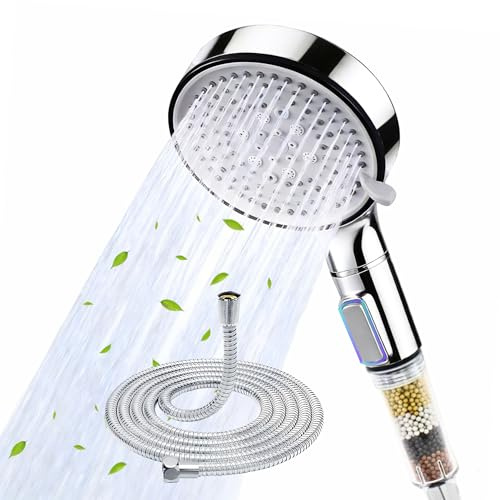 High Pressure Shower Head with ON/Off Switch, Shower Head with 1.5M Hose | Chrome Finished 5 Spray Modes Hard Water Filter Shower Head, 12CM Large Spray Face Handheld Showerhead with Filter